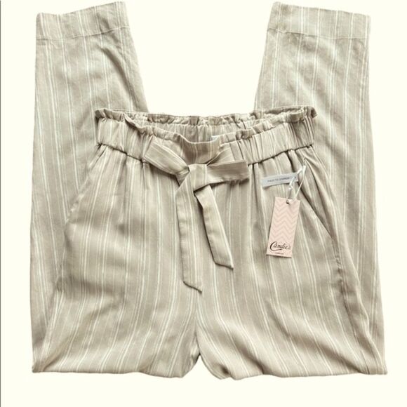 Candies Y2k 00's Paper Bag Belted Tie Waist Pants Tan Ivory Stripe Size Small - Picture 10 of 14